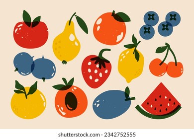 Risograph fruits and berries. Cartoon natural elements screen riso printing effect, linocut garden plants. Vector set