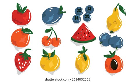 Risograph fruits and berries. Cartoon natural elements screen riso printing effect, linocut garden plants. Vector set