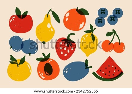 Risograph fruits and berries. Cartoon natural elements screen riso printing effect, linocut garden plants. Vector set