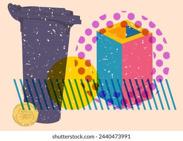 Risograph Garbage Bin with geometric shapes. Objects in trendy riso graph print texture style design with geometry elements.