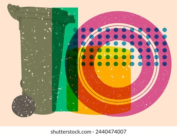 Risograph Garbage Bin with geometric shapes. Objects in trendy riso graph print texture style design with geometry elements.