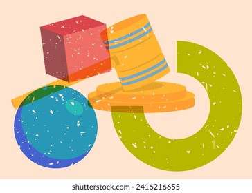 Risograph Gavel with geometric shapes. Objects in trendy riso graph print texture style design with geometry elements.