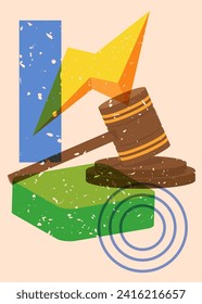 Risograph Gavel with geometric shapes. Objects in trendy riso graph print texture style design with geometry elements.