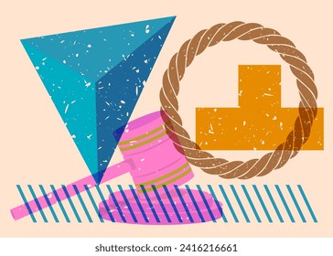 Risograph Gavel with geometric shapes. Objects in trendy riso graph print texture style design with geometry elements.