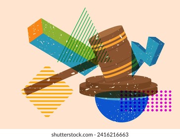 Risograph Gavel with geometric shapes. Objects in trendy riso graph print texture style design with geometry elements.