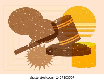 Risograph Gavel with speech bubble with geometric shapes. Objects in trendy riso graph print texture style design with geometry elements.