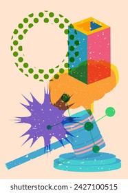 Risograph Gavel with speech bubble with geometric shapes. Objects in trendy riso graph print texture style design with geometry elements.