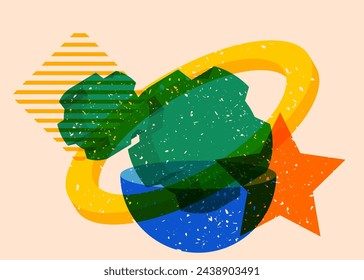 Risograph Gear, Cogwheel with geometric shapes. Objects in trendy riso graph print texture style design with geometry elements.