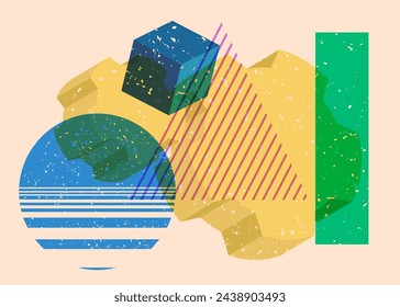 Risograph Gear, Cogwheel with geometric shapes. Objects in trendy riso graph print texture style design with geometry elements.