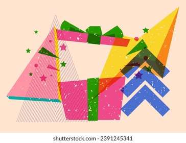 Risograph gift box with geometric shapes. Holiday objects in trendy riso graph print texture style design with geometry elements.