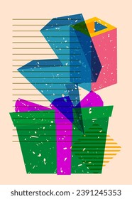 Risograph gift box with geometric shapes. Holiday objects in trendy riso graph print texture style design with geometry elements.