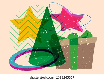 Caja de regalo de Risograph con formas geométricas. Objetos de vacaciones en diseño de estilo de textura de impresión del gráfico de riso con elementos de geometría.