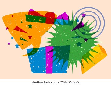 Risograph gift box with speech bubble with geometric shapes. Holiday objects in trendy riso graph print texture style design with geometry elements.