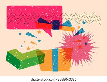 Geschenkbox mit Sprachblase mit geometrischen Formen. Holiday-Objekte in trendigem Riso Graphen Print Textur Stil Design mit Geometrie-Elemente.