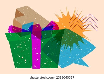 Geschenkbox mit Sprachblase mit geometrischen Formen. Holiday-Objekte in trendigem Riso Graphen Print Textur Stil Design mit Geometrie-Elemente.