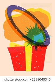 Risograph gift box with speech bubble with geometric shapes. Holiday objects in trendy riso graph print texture style design with geometry elements.