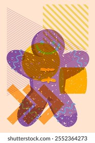 Risograph Gingerbread Man Christmas Cookie with geometric shapes. Objects in trendy riso graph print texture style design with geometry elements.