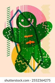 Risograph Gingerbread Man Christmas Cookie with geometric shapes. Objects in trendy riso graph print texture style design with geometry elements.