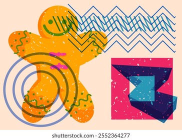 Risograph Gingerbread Man Christmas Cookie with geometric shapes. Objects in trendy riso graph print texture style design with geometry elements.