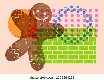 Risograph Gingerbread Man Christmas Cookie with geometric shapes. Objects in trendy riso graph print texture style design with geometry elements.