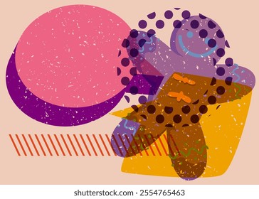 Risograph Gingerbread Man Christmas Cookie with speech bubble with geometric shapes. Objects in trendy riso graph print texture style design with geometry elements.