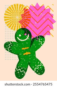 Risograph Gingerbread Man Christmas Cookie with speech bubble with geometric shapes. Objects in trendy riso graph print texture style design with geometry elements.