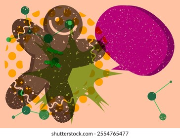 Risograph Gingerbread Man Christmas Cookie with speech bubble with geometric shapes. Objects in trendy riso graph print texture style design with geometry elements.