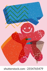 Risograph Gingerbread Man Christmas Cookie with speech bubble with geometric shapes. Objects in trendy riso graph print texture style design with geometry elements.