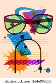 Risograph Glasses with geometric shapes. Objects in trendy riso graph print texture style design with geometry elements.