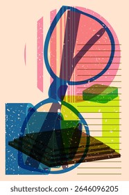 Risograph Glasses with geometric shapes. Objects in trendy riso graph print texture style design with geometry elements.