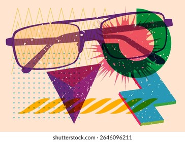 Risograph Glasses with geometric shapes. Objects in trendy riso graph print texture style design with geometry elements.