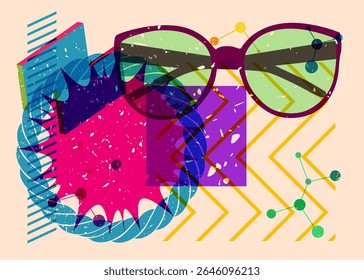 Risograph Glasses with geometric shapes. Objects in trendy riso graph print texture style design with geometry elements.