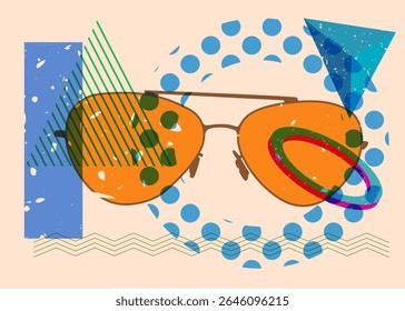 Risograph Glasses with geometric shapes. Objects in trendy riso graph print texture style design with geometry elements.