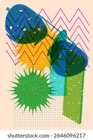 Risograph Glasses with geometric shapes. Objects in trendy riso graph print texture style design with geometry elements.