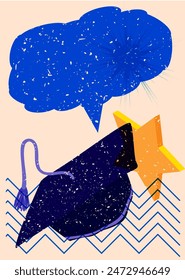 Sombrero graduado de Risograph con burbuja de habla con Formas geométricas. Objetos en diseño de estilo de textura con estampado de gráficos de riso de moda con Elementos de geometría.