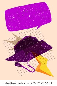 Risograph graduate hat with speech bubble with geometric shapes. Objects in trendy riso graph print texture style design with geometry elements.