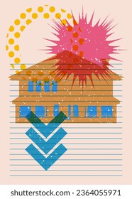 Risograph Halloween Abandoned Ghost House and geometric shapes. Object in trendy riso graph design. Geometry elements abstract print texture style.