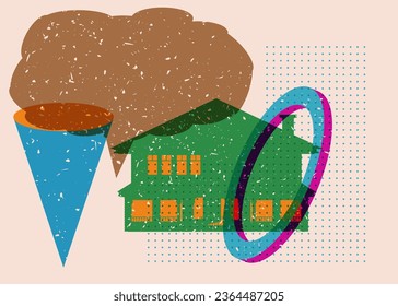 Risograph Halloween Abandoned Ghost House and speech bubble with geometric shapes. Object in trendy riso graph design. Geometry elements abstract print texture style.