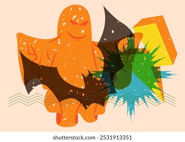 Risograph Halloween Bat and Ghost with geometric shapes. Objects in trendy riso graph print texture style design with geometry elements.