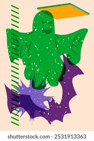 Risograph Halloween Bat and Ghost with geometric shapes. Objects in trendy riso graph print texture style design with geometry elements.