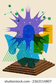 Risograph Halloween Ghost with geometric shapes. Holiday in trendy riso graph design. Geometry elements and spooky paranormal entity with abstract print texture style.