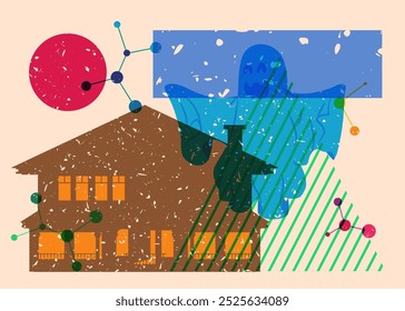 Risograph Halloween Ghost and House with geometric shapes. Objects in trendy riso graph print texture style design with geometry elements.