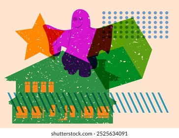 Risograph Halloween Ghost and House with geometric shapes. Objects in trendy riso graph print texture style design with geometry elements.