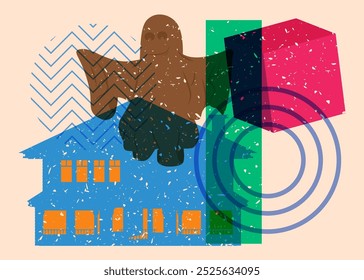 Risograph Halloween Ghost and House with geometric shapes. Objects in trendy riso graph print texture style design with geometry elements.