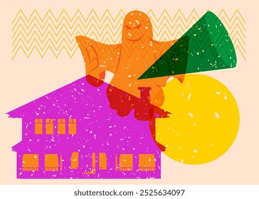 Risograph Halloween Ghost and House with geometric shapes. Objects in trendy riso graph print texture style design with geometry elements.