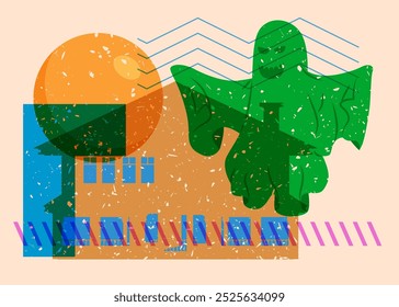 Risograph Halloween Ghost and House with geometric shapes. Objects in trendy riso graph print texture style design with geometry elements.