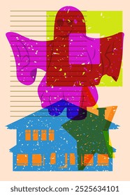 Risograph Halloween Ghost and House with geometric shapes. Objects in trendy riso graph print texture style design with geometry elements.