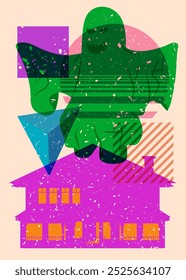 Risograph Halloween Ghost and House with geometric shapes. Objects in trendy riso graph print texture style design with geometry elements.