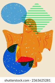 Risograph Halloween Ghost with Speech Bubble and geometric shapes. Holiday in trendy riso graph design. Spooky paranormal entity with abstract print texture style.