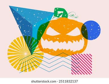 Abóbora de Halloween com formas geométricas. Jack O' Lantern e objetos na moda riso gráfico impressão textura design estilo com elementos de geometria.